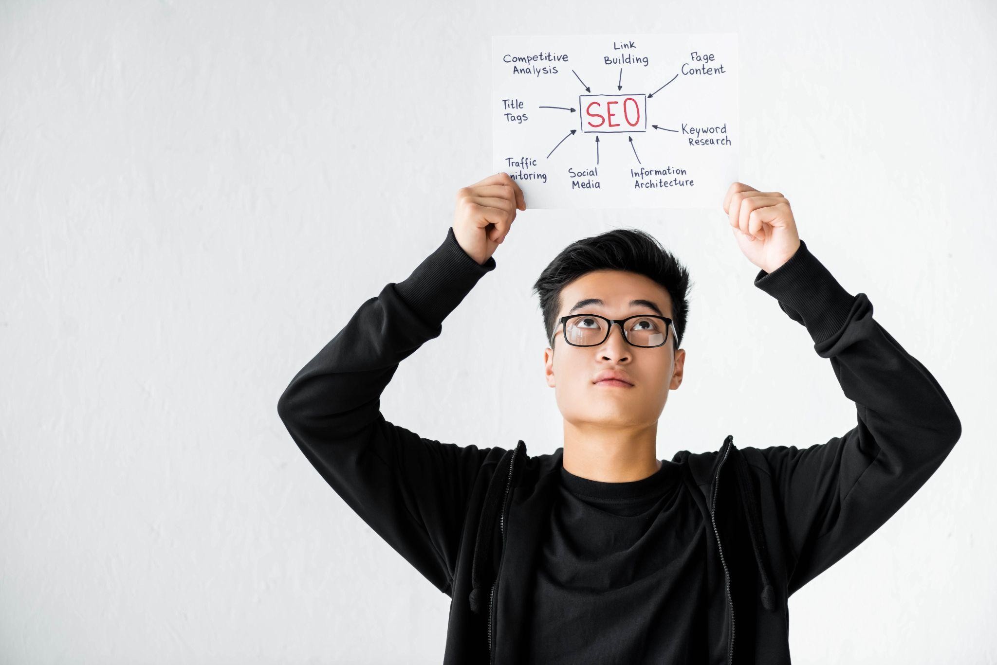 SEO manager holding a paper chart with strategies like link building, keyword research, and content optimization, representing expertise in Local SEO for Franchises.